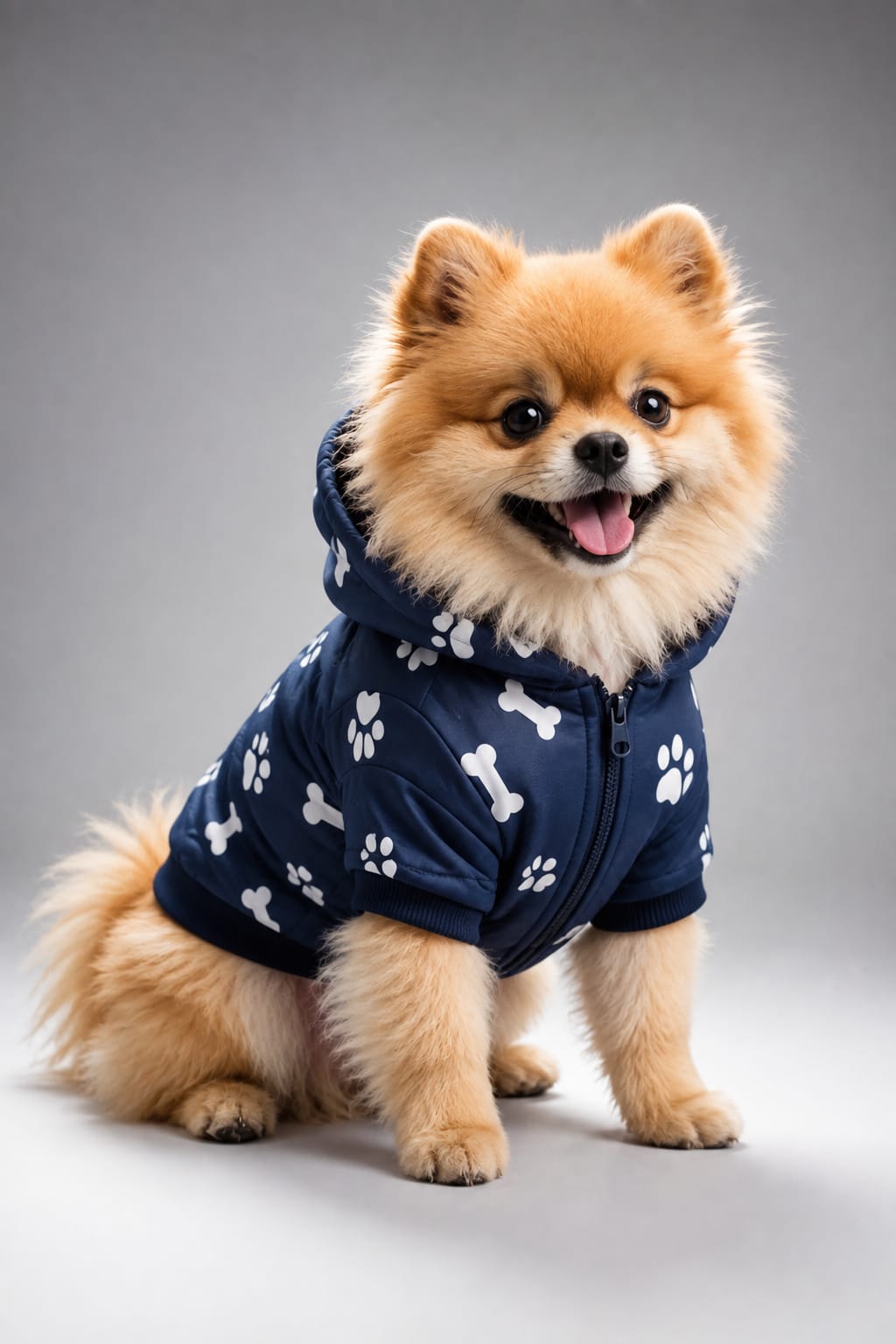 Cachorro usando roupinha azul escura
