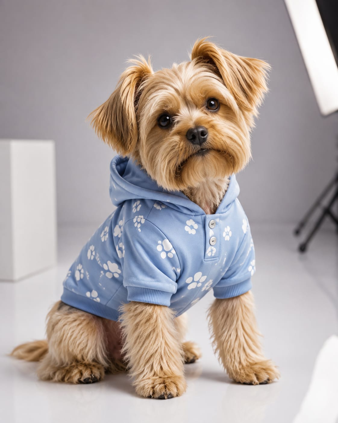 Cachorro pequeno usando roupinha azul clara